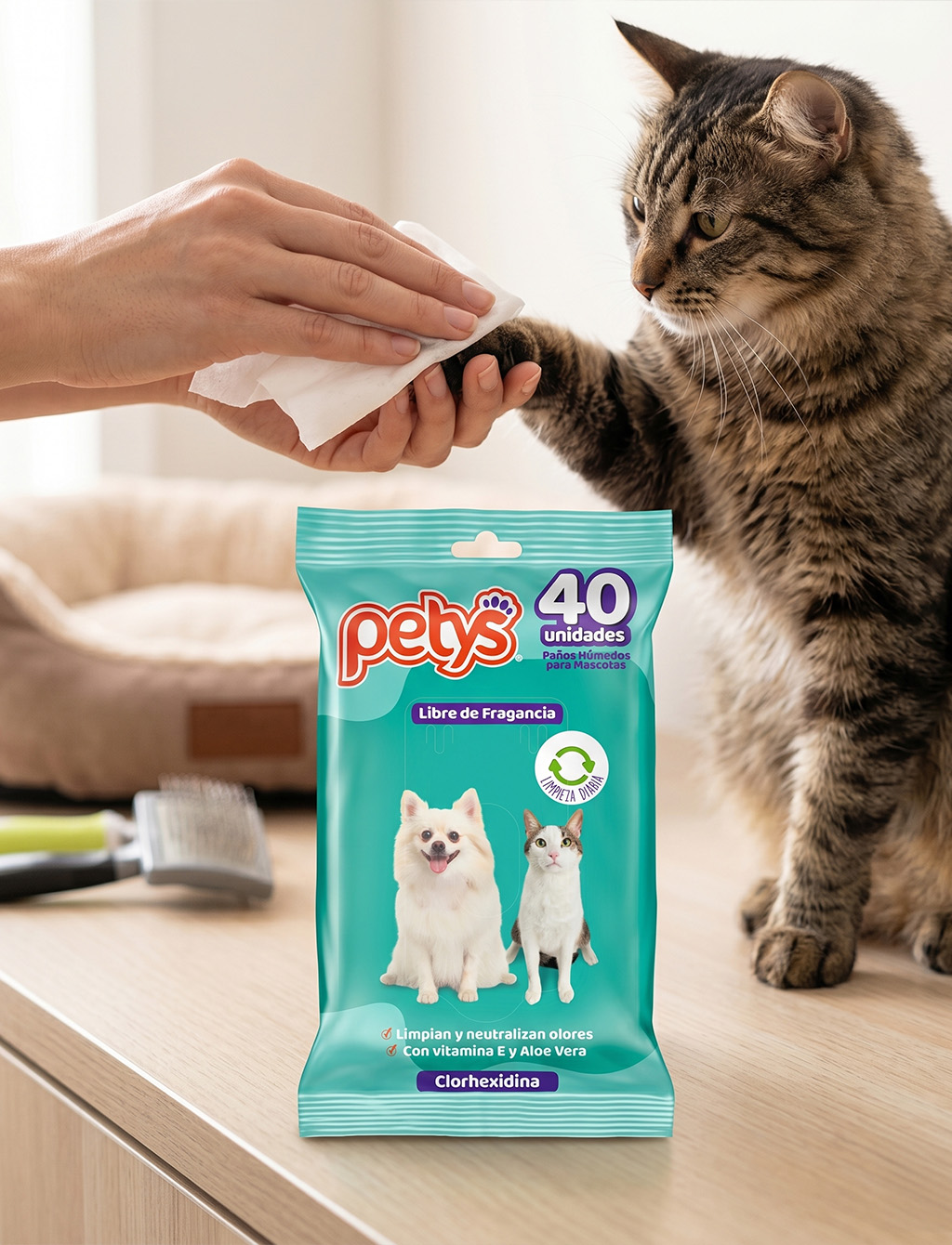 Pañitos Húmedos para Perros y Gatos Petys con Clorhexidina 40 Unidades