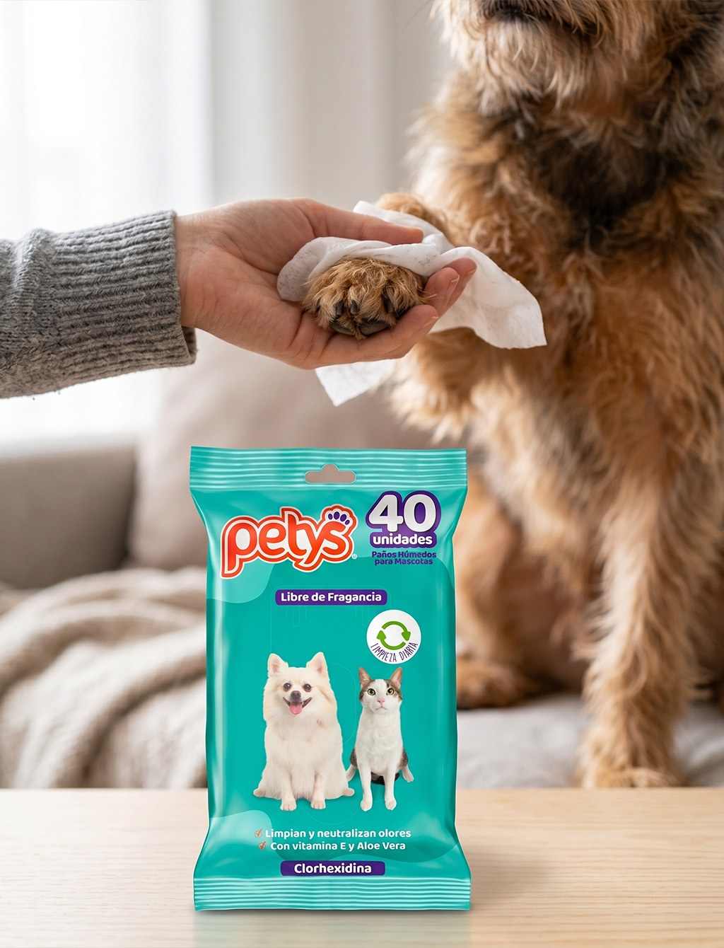 Pañitos Húmedos para Perros y Gatos Petys con Clorhexidina 40 Unidades