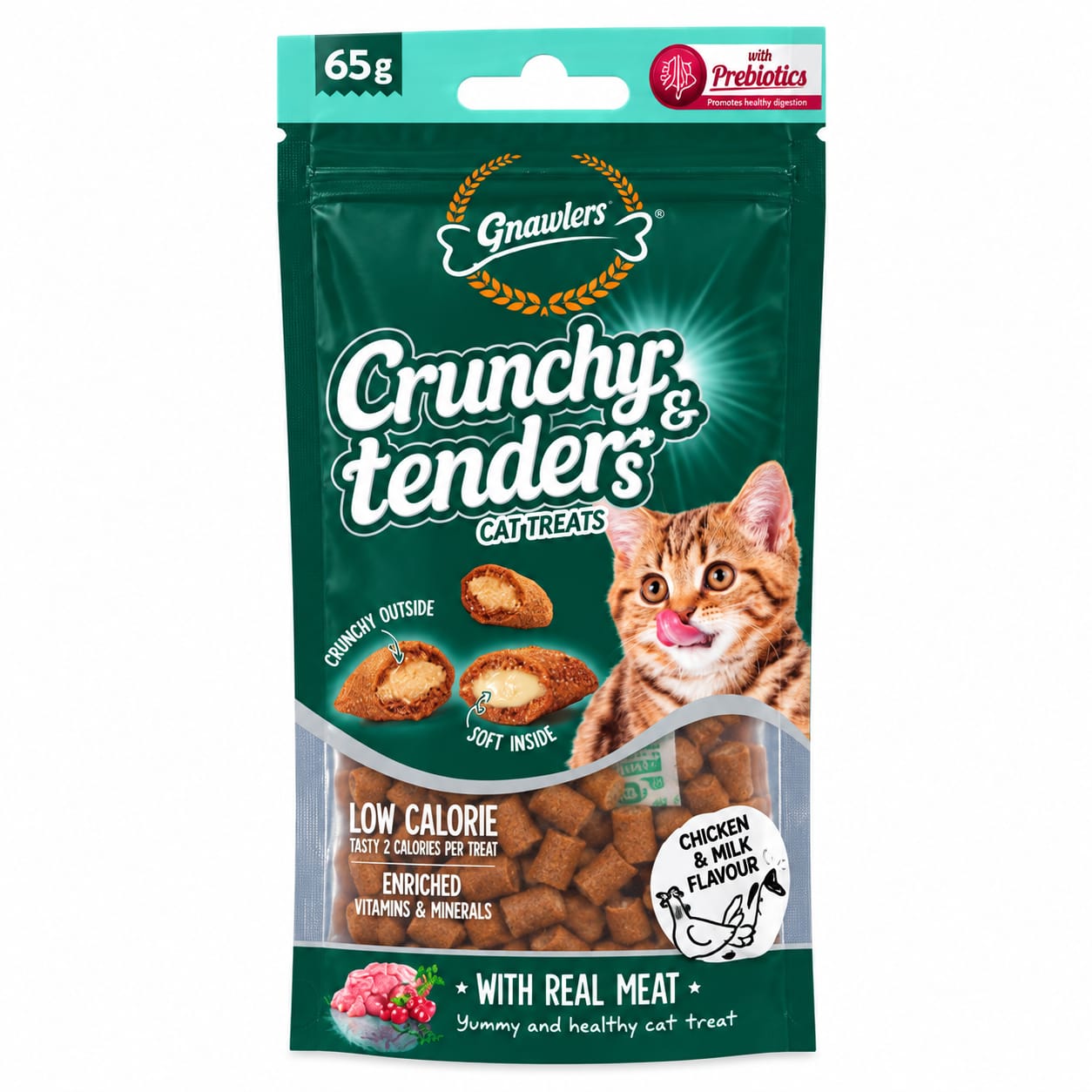 Snacks para Gatos Gnawlers Crunchy & Tenders Sabor Pollo y Leche 65 g