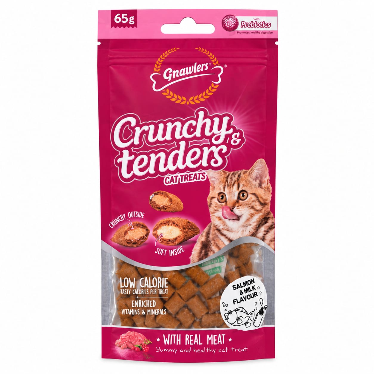 Snacks para Gatos Gnawlers Crunchy & Tenders Sabor Salmón y Leche 65 g   