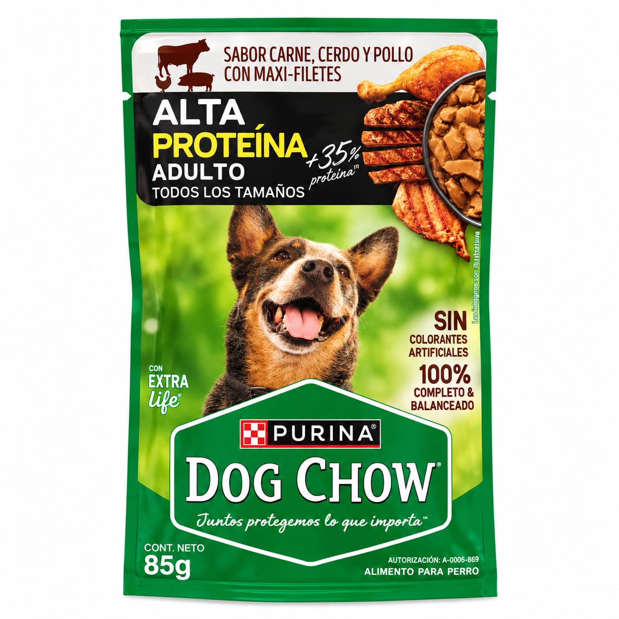 Alimento Húmedo para Perros Adultos Dog Chow Alta Proteína Carne, Cerdo y Pollo con Maxi Filetes 85 g